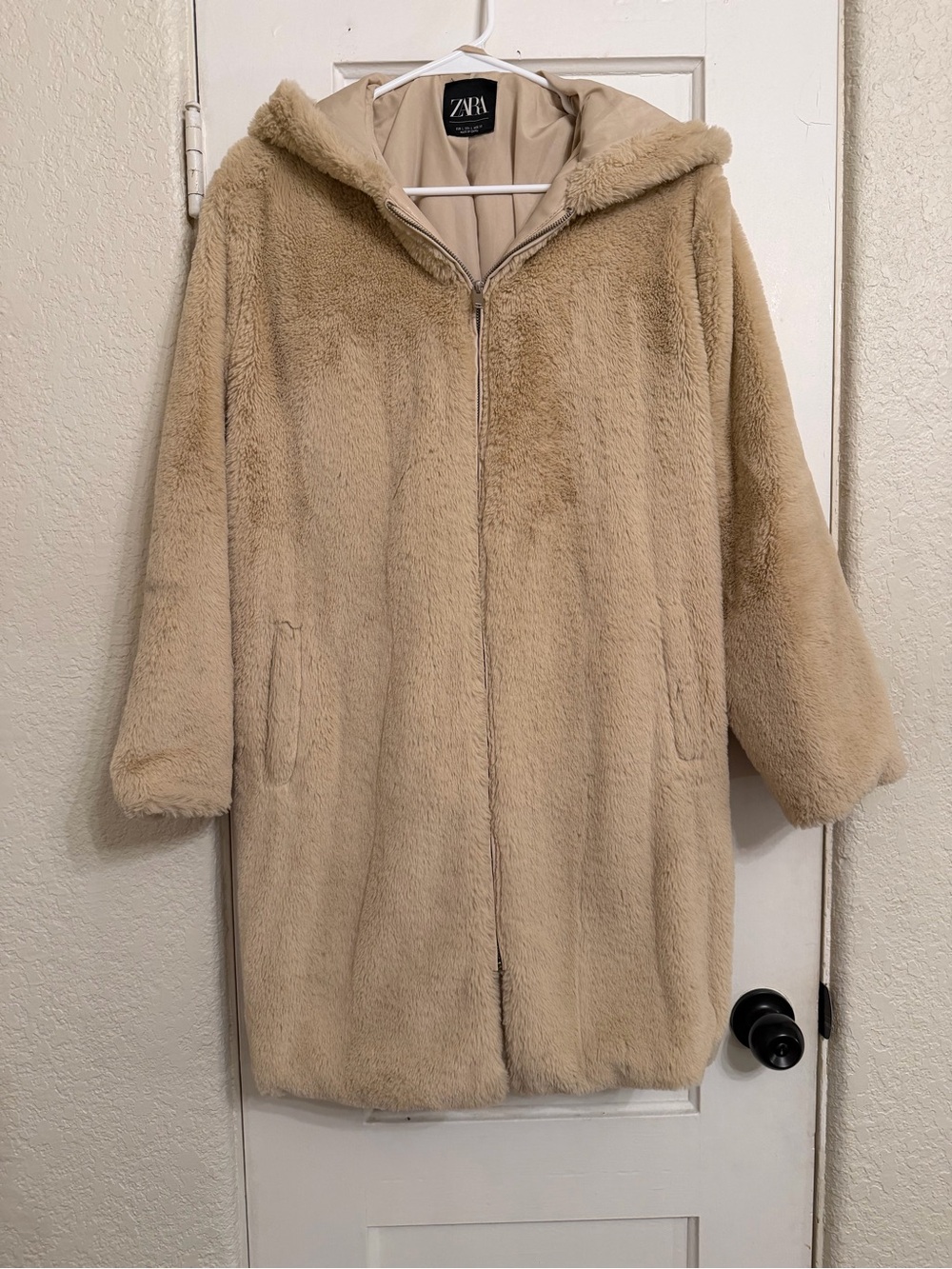 ZARA Plush Hooded Faux Fur Coat in Light Beige